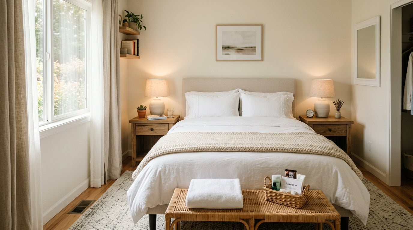 Beautiful guest bedroom with comfortable queen mattress and white linens