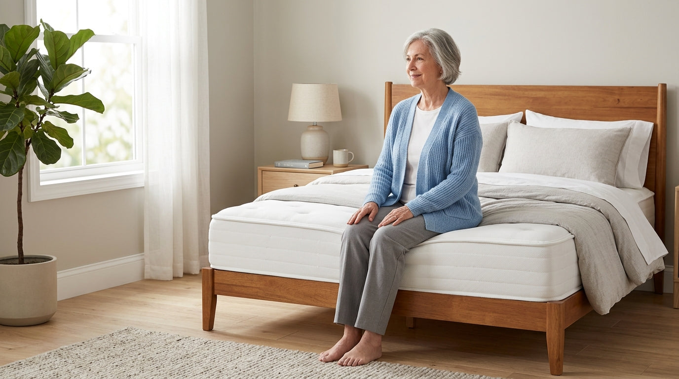 Comfortable medium-firm mattress in a bright, clean bedroom with natural light, emphasizing ease of entry for seniors