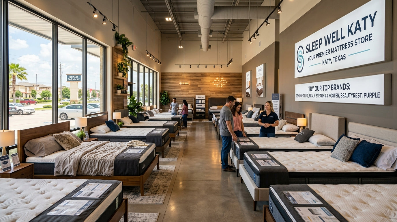 Customer testing a medium-firm memory foam mattress in a modern Katy, Texas mattress showroom with sleep consultant providing expert guidance for back pain relief.