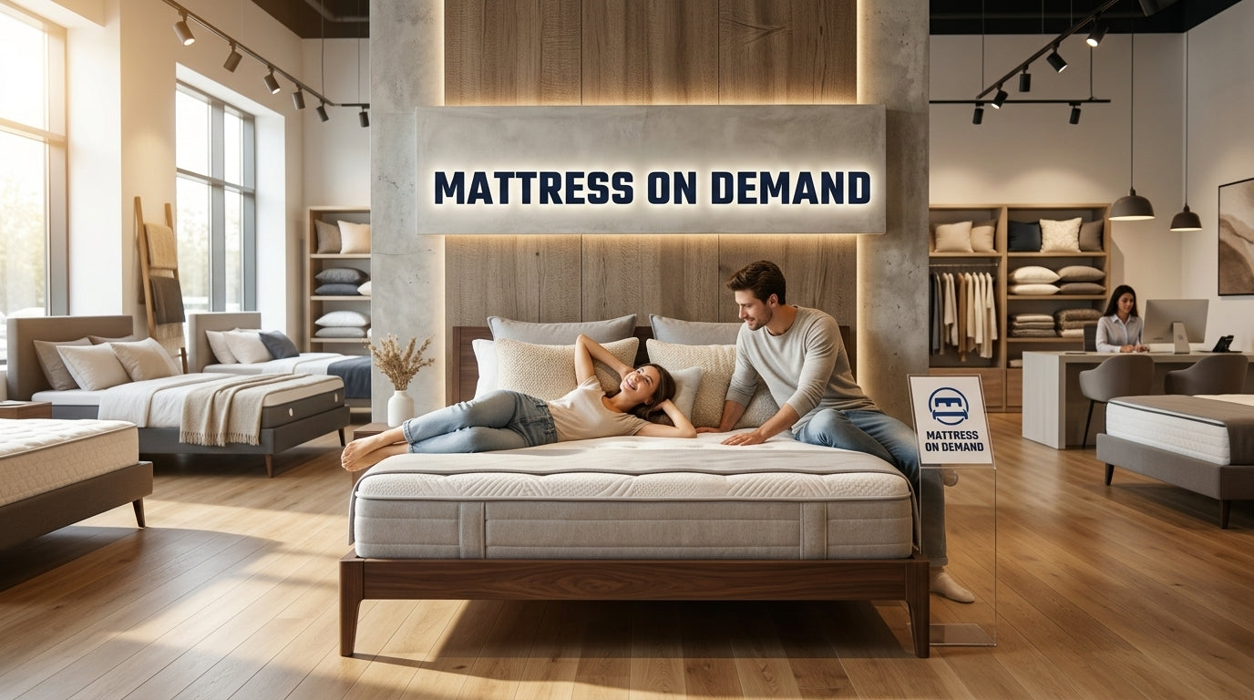 Couple testing a mattress at Mattress On Demand showroom