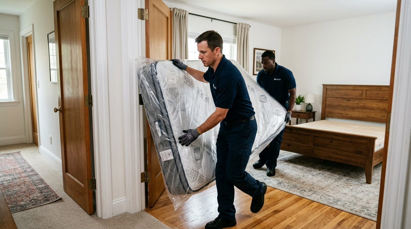 Professional mattress delivery team bringing a new mattress into a bedroom
