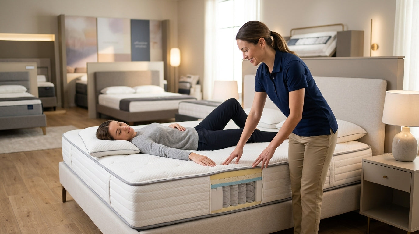 Customer testing a mattress during an expert showroom consultation