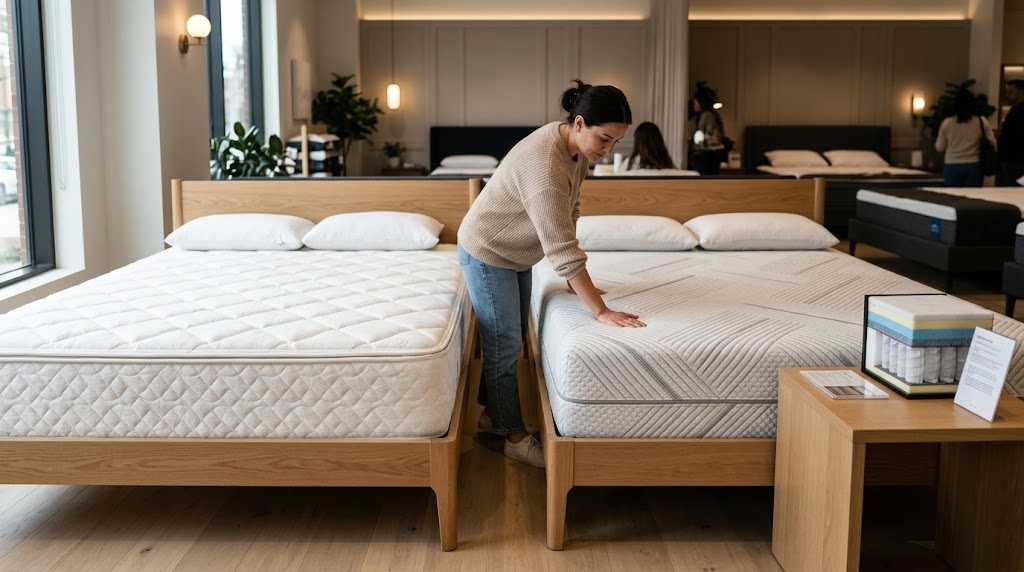 Serta mattress comparison in a modern showroom
