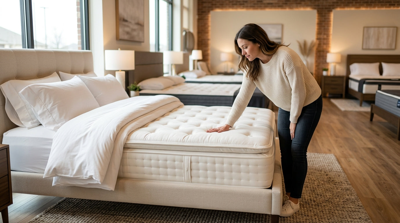 Shopper testing a luxury mattress in a showroom before buying a Stearns & Foster mattress in Richmond TX