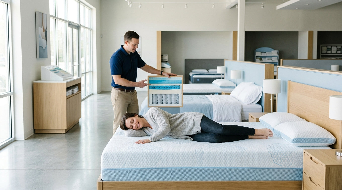 Customer comparing Molecule cooling mattresses in a modern showroom