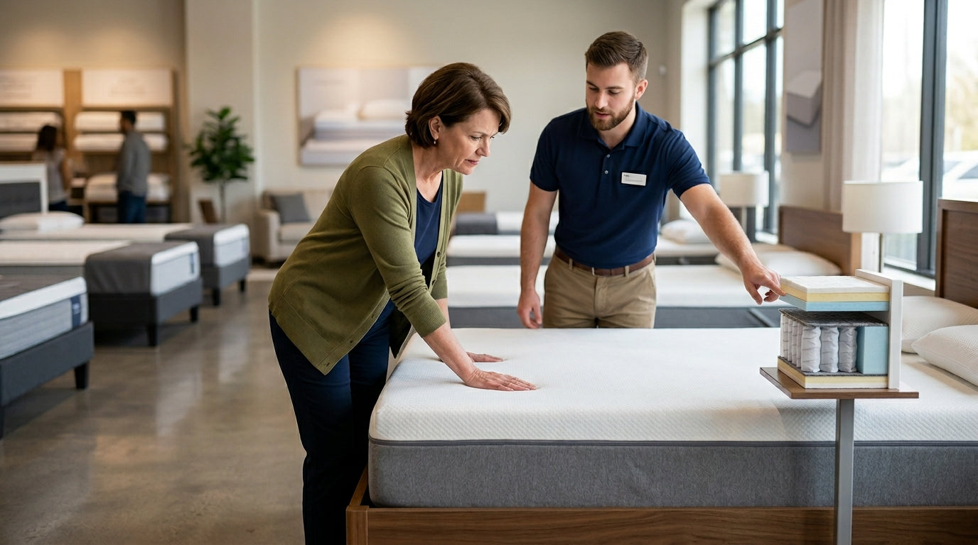 Shopper testing a firm mattress in a showroom while a sleep consultant explains mattress layers