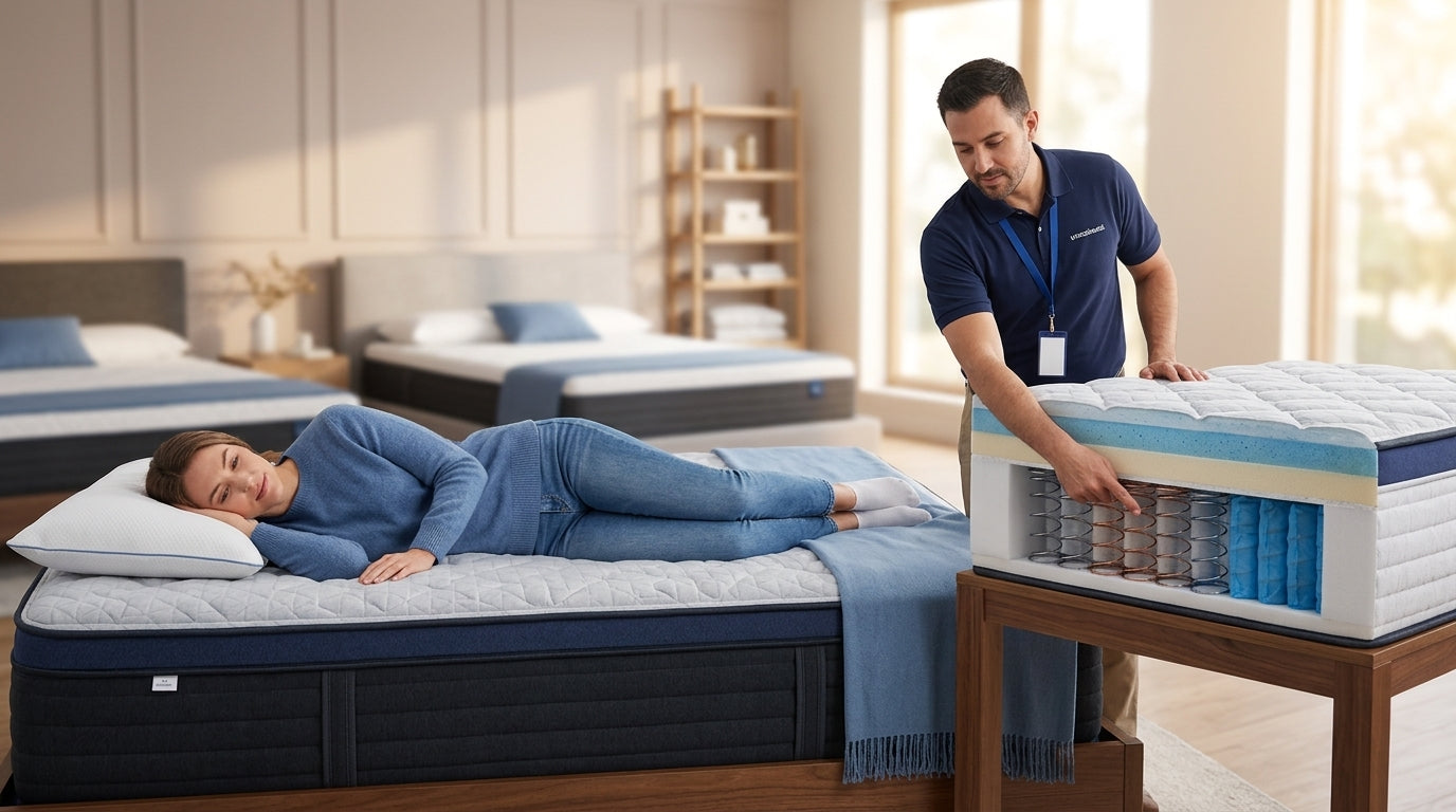 Shopper testing a Helix Midnight Luxe style hybrid mattress and cutaway support layers
