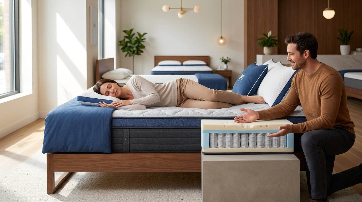 Rosenberg shopper testing a Helix hybrid mattress in a bright showroom