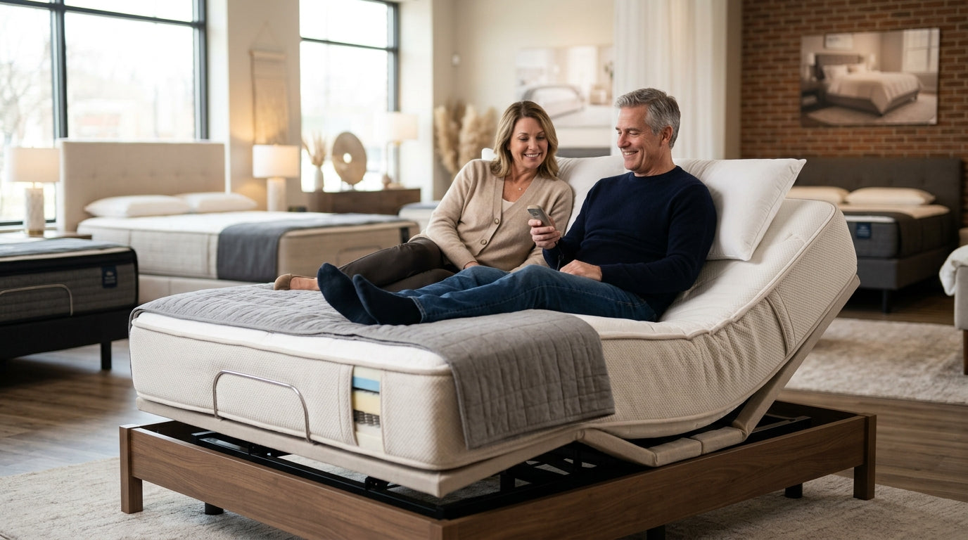 Couple testing an adjustable bed in a mattress showroom near Cinco Ranch TX