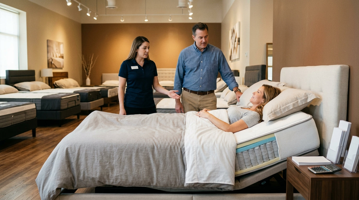 Stafford TX shoppers testing a mattress in a local showroom