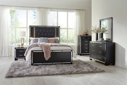 Aveline Black King LED Upholstered Panel Bed