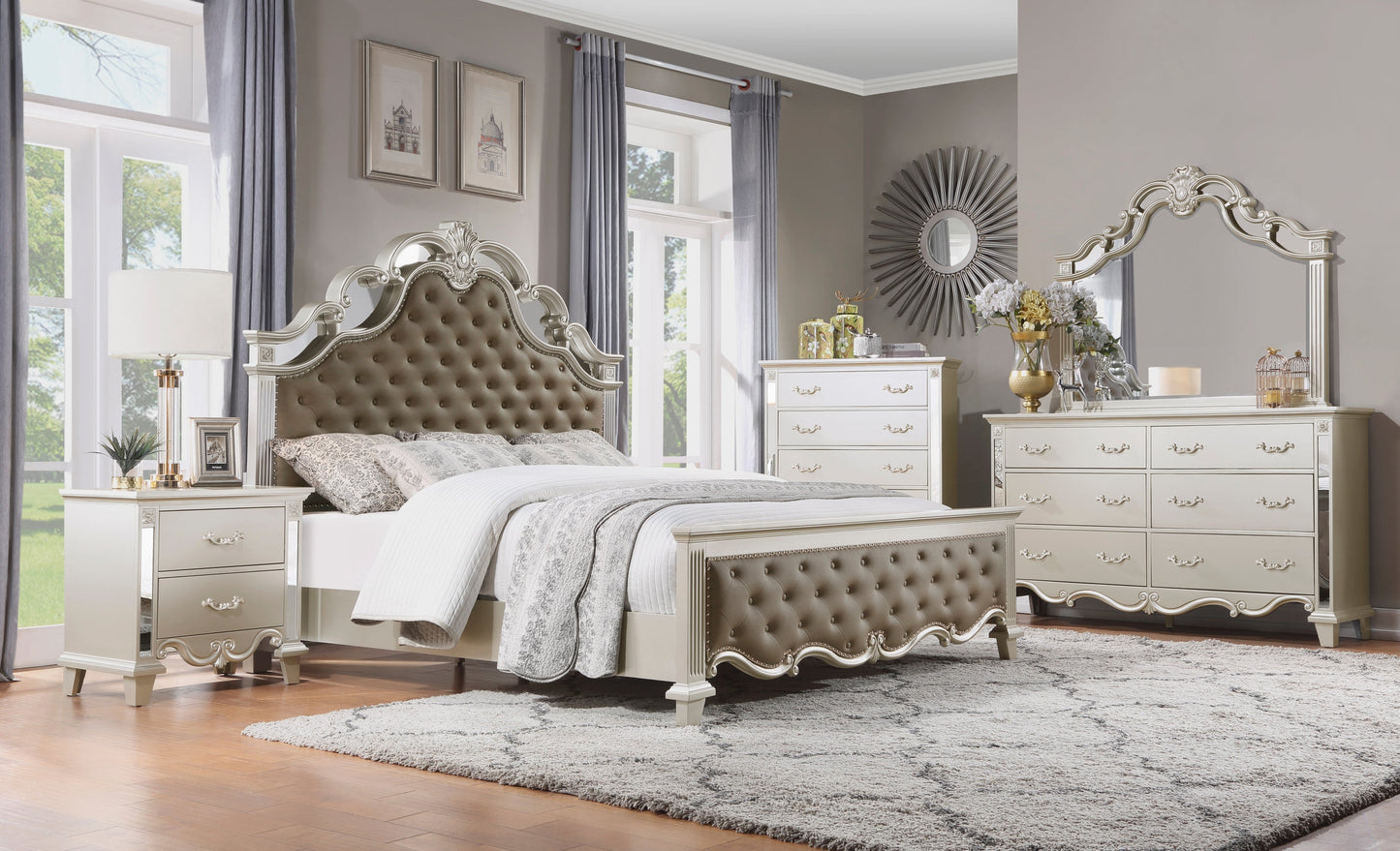 Ever Champagne King Mirrored Upholstered Panel Bed