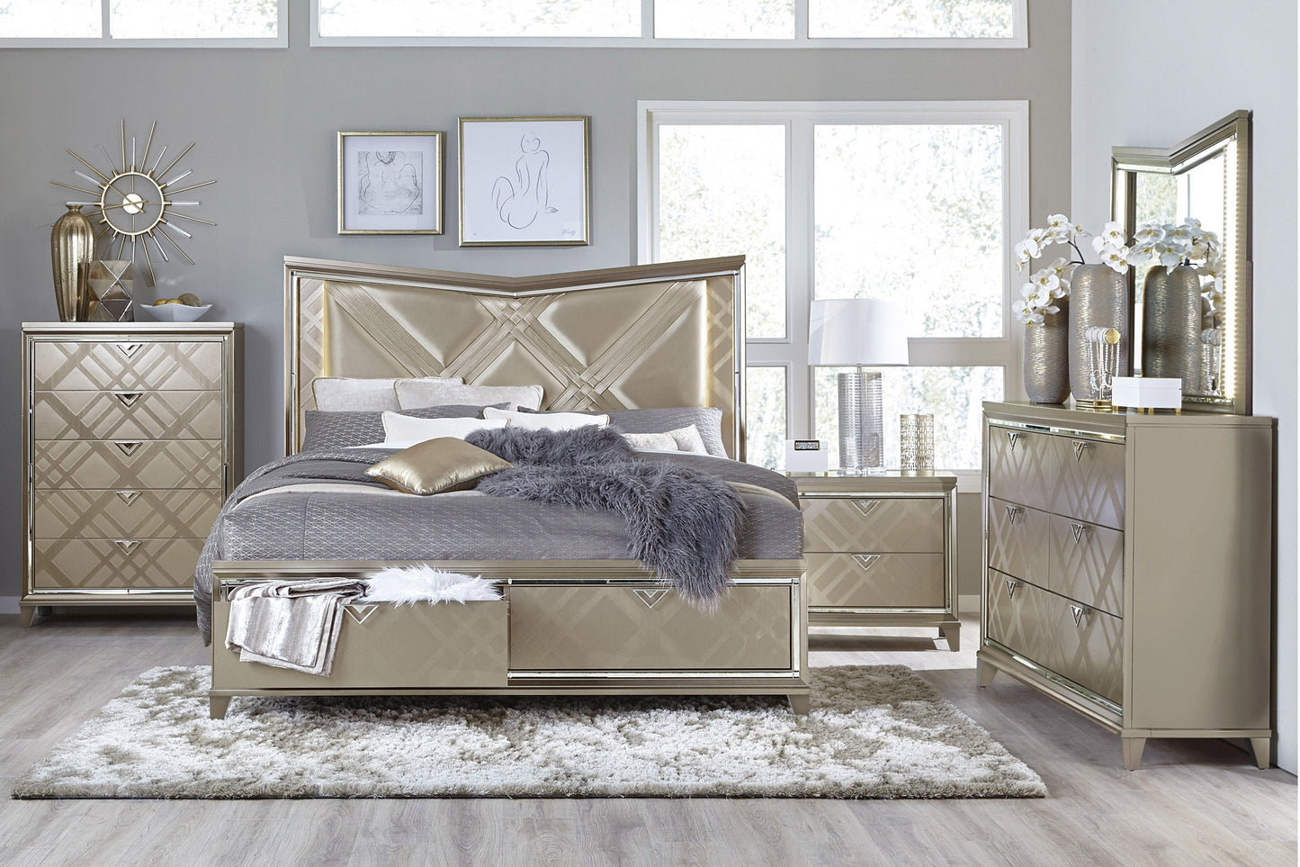 Bijou Champagne Queen LED Upholstered Storage Platform Bed