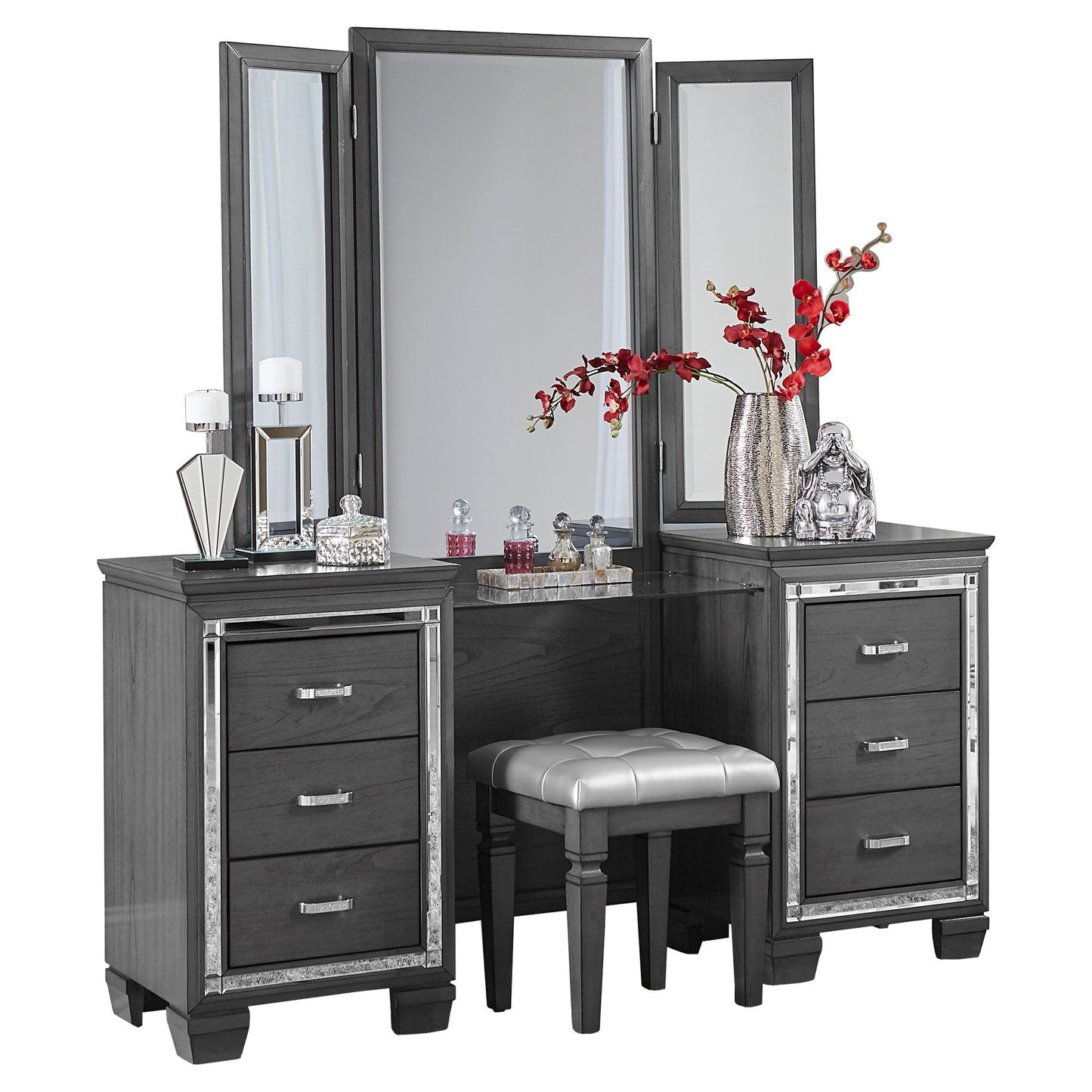 Allura Gray Vanity Dresser with Mirror