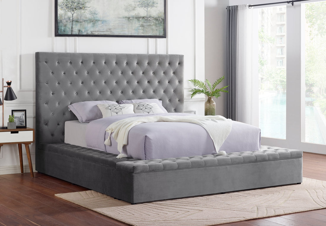 Paris Gray Velvet Queen Storage Platform Bed - Mattress on Demand