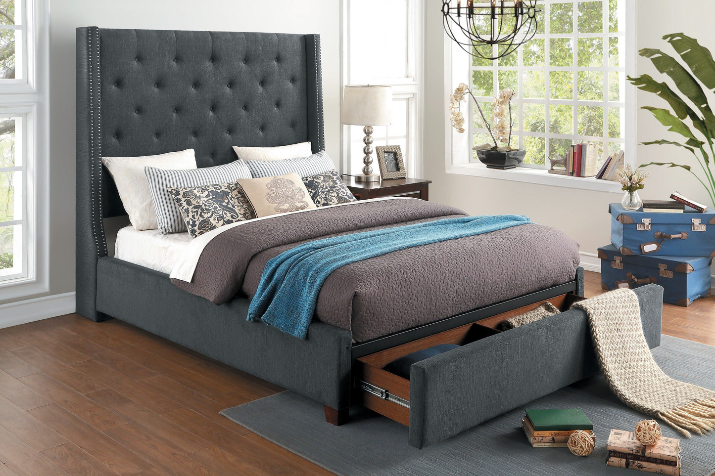 Fairborn Gray King Upholstered Storage Platform Bed