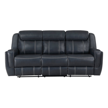 Littleton Blue Double Reclining Sofa with Center Drop-Down Cup Holders, Magazine bag, Receptacles and USB Ports