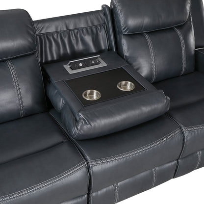 Littleton Blue Double Reclining Sofa with Center Drop-Down Cup Holders, Magazine bag, Receptacles and USB Ports