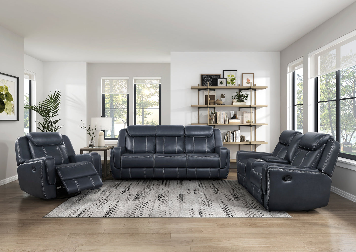 Littleton Blue Double Reclining Sofa with Center Drop-Down Cup Holders, Magazine bag, Receptacles and USB Ports