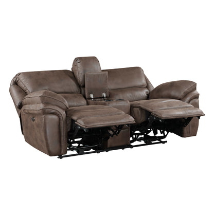 Proctor Brown Microfiber Power Double Reclining Love Seat with Center Console