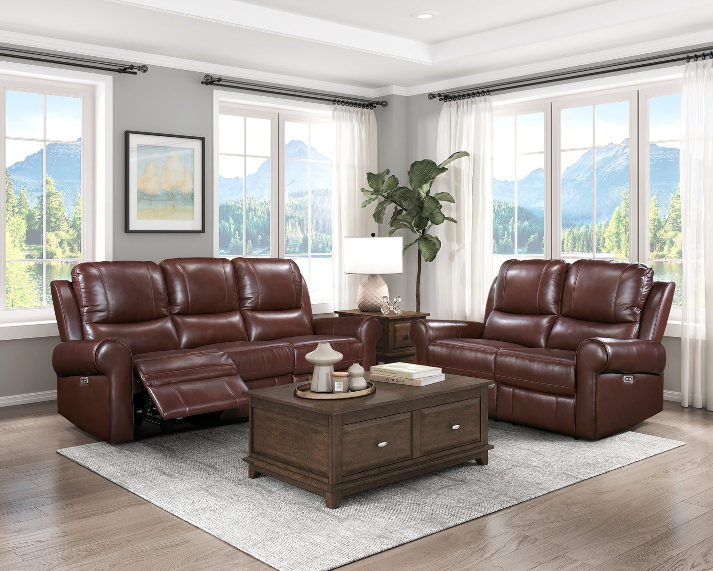 McCall Brown Leather Power Double Reclining Sofa with Power Headrests