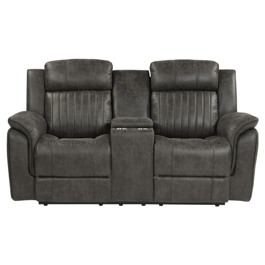 Centeroak Brownish Gray Double Reclining Loveseat with Center Console