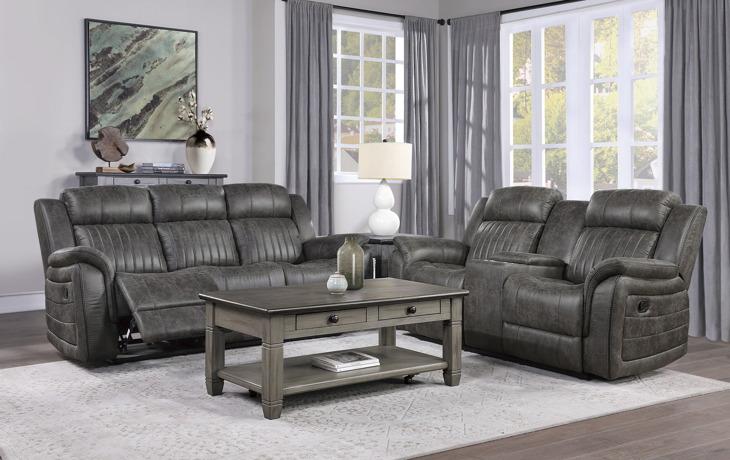 Centeroak Brownish Gray Double Reclining Loveseat with Center Console