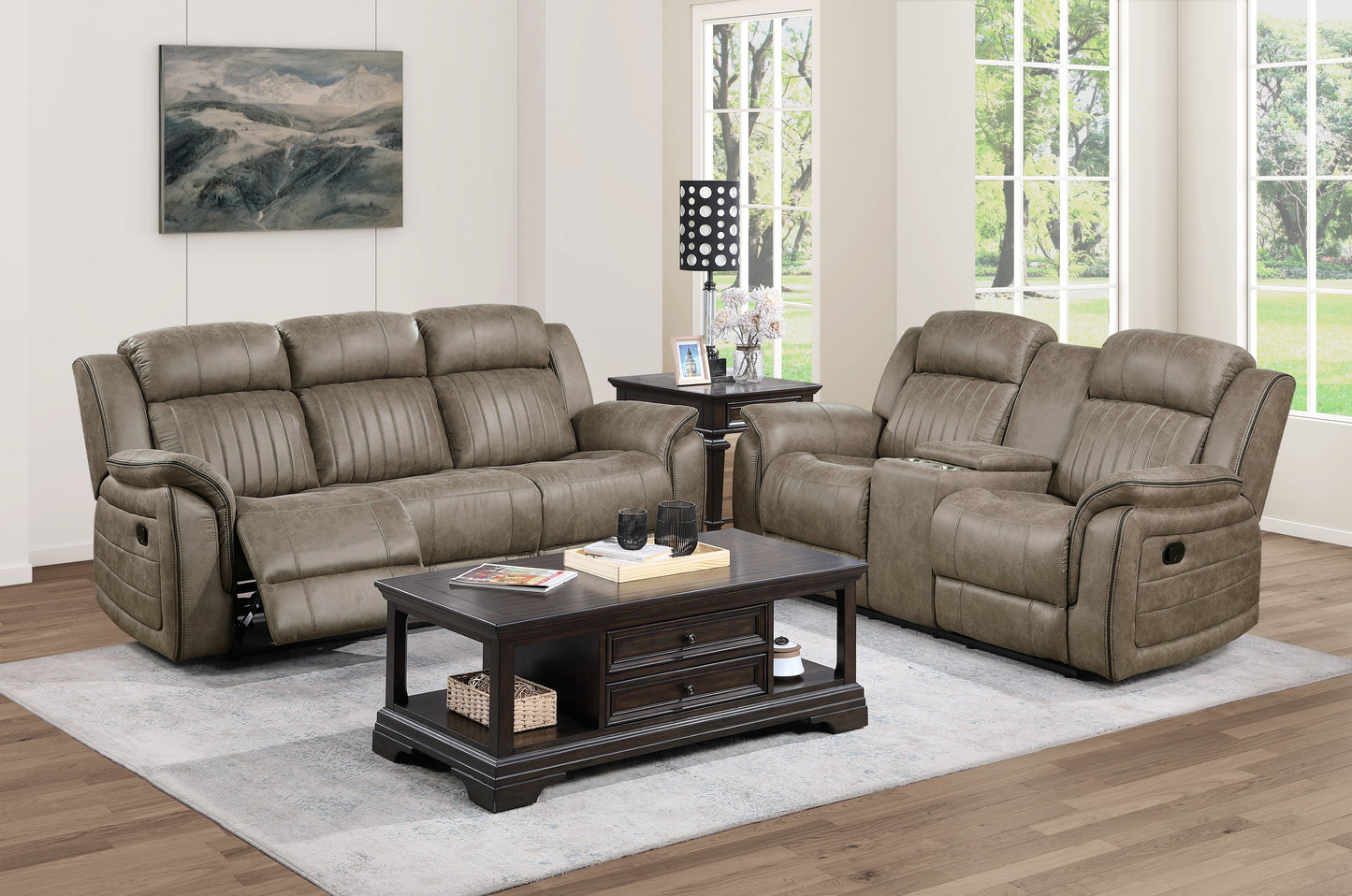 Centeroak Sandy Brown Double Reclining Loveseat with Center Console