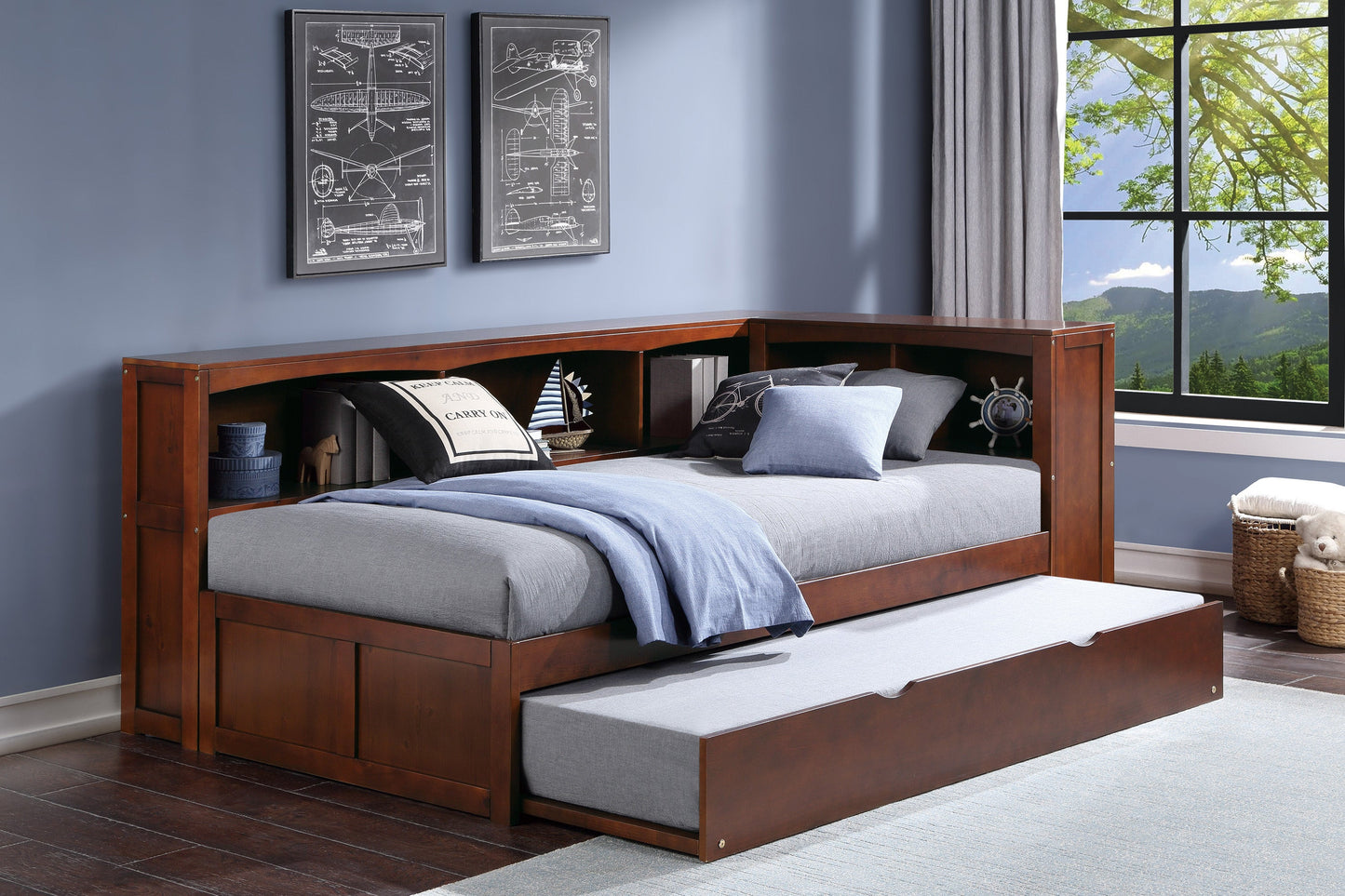 Rowe Dark Cherry Twin Bookcase Corner Bed with Twin Trundle