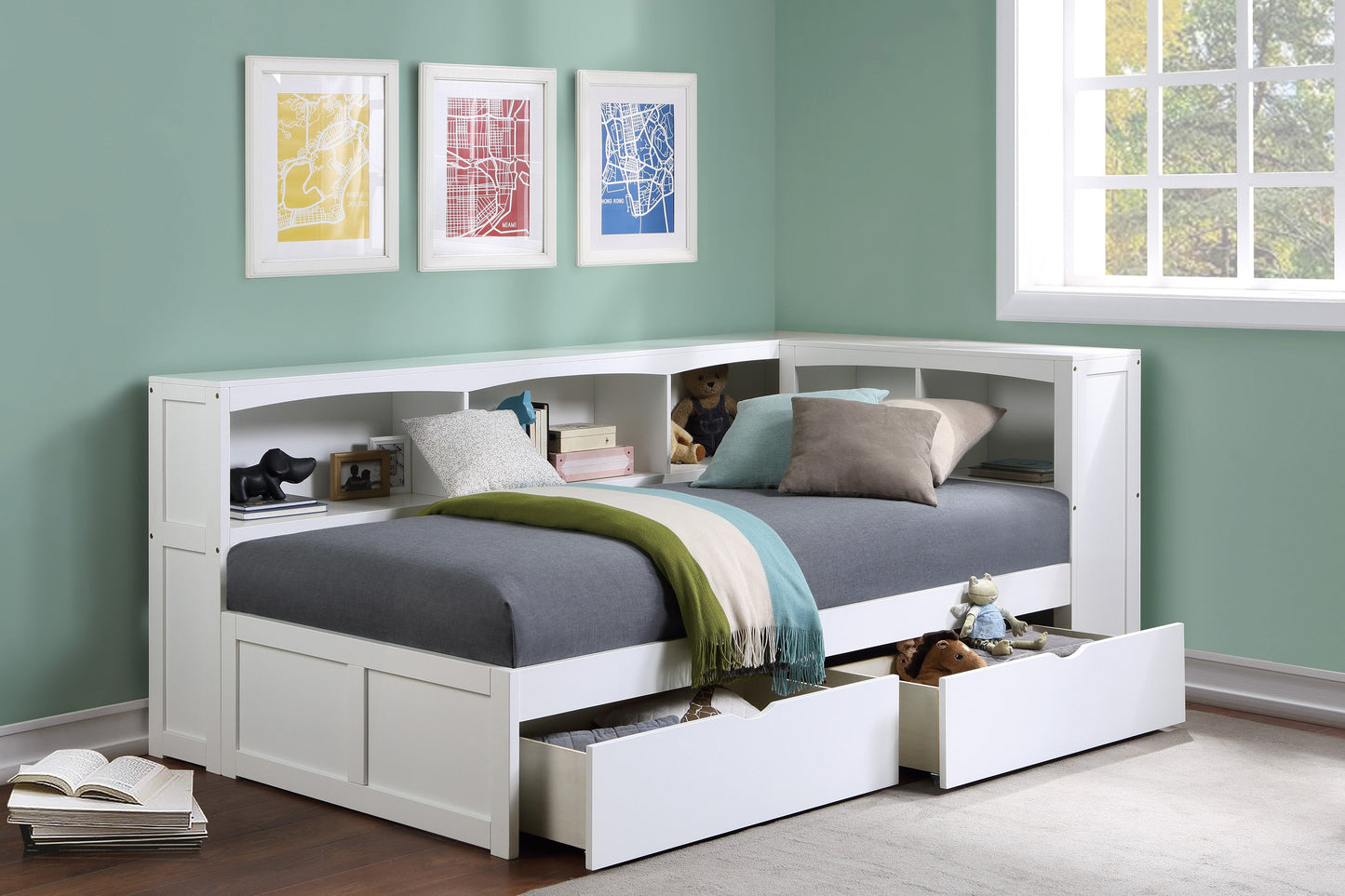 Galen White Twin Bookcase Corner Bed with Storage Boxes