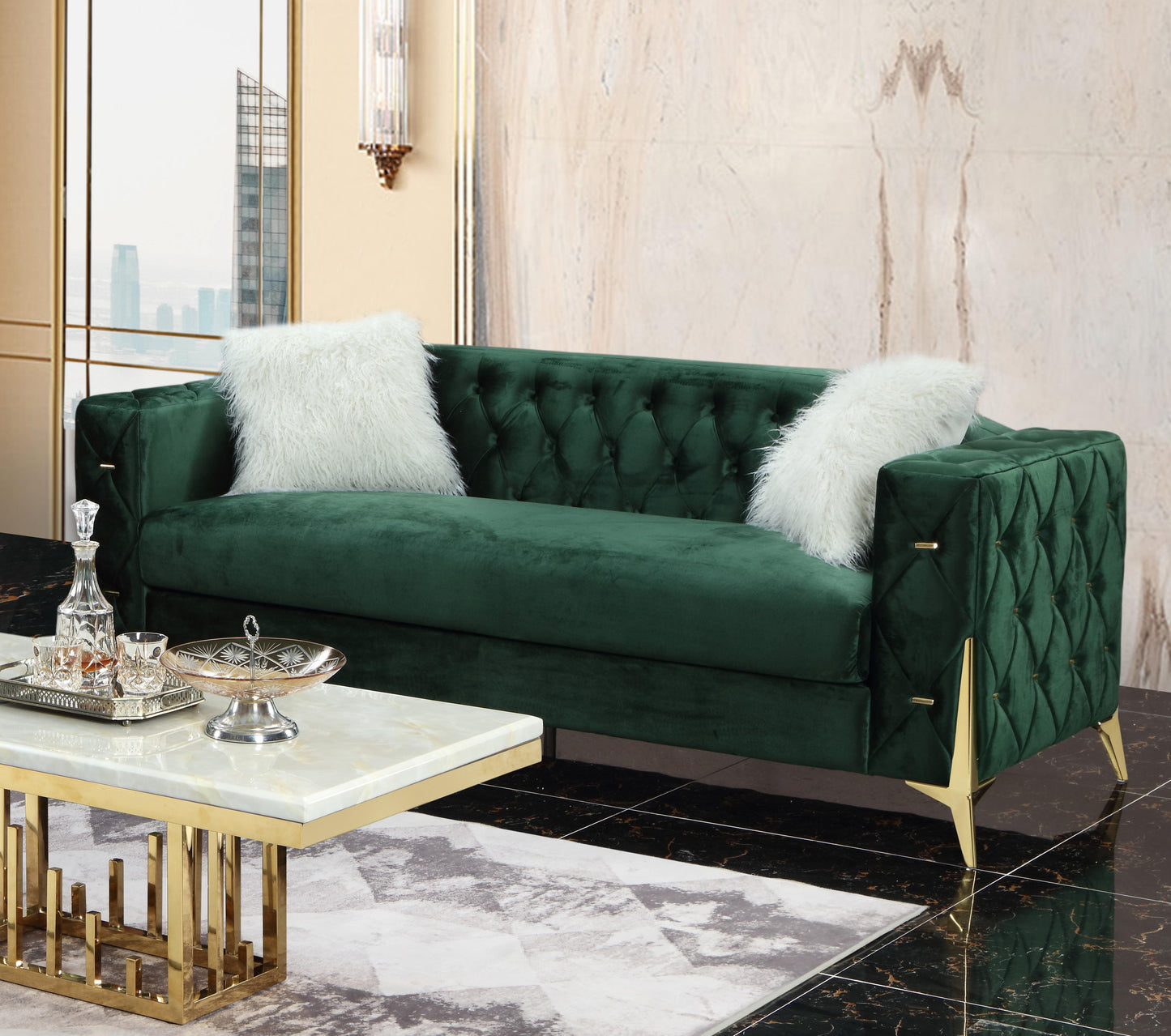 Emerald Modern Style Green Sofa in Gold finish