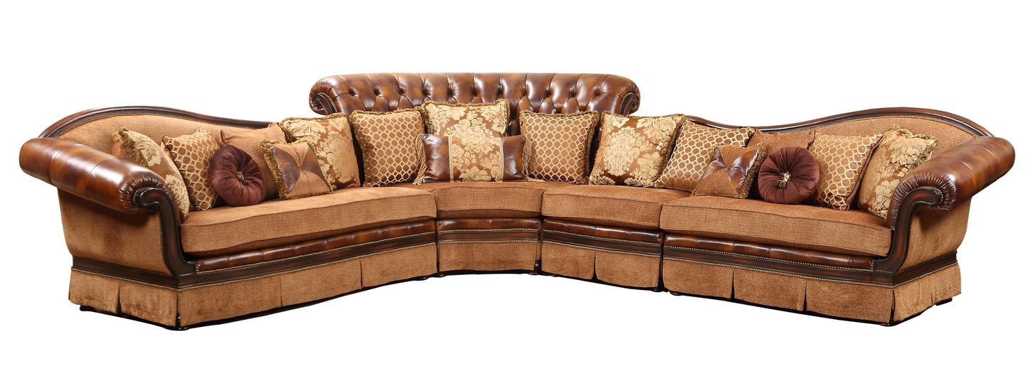 Linda Sectional Traditional Style Leather Sofa in Cherry Wood