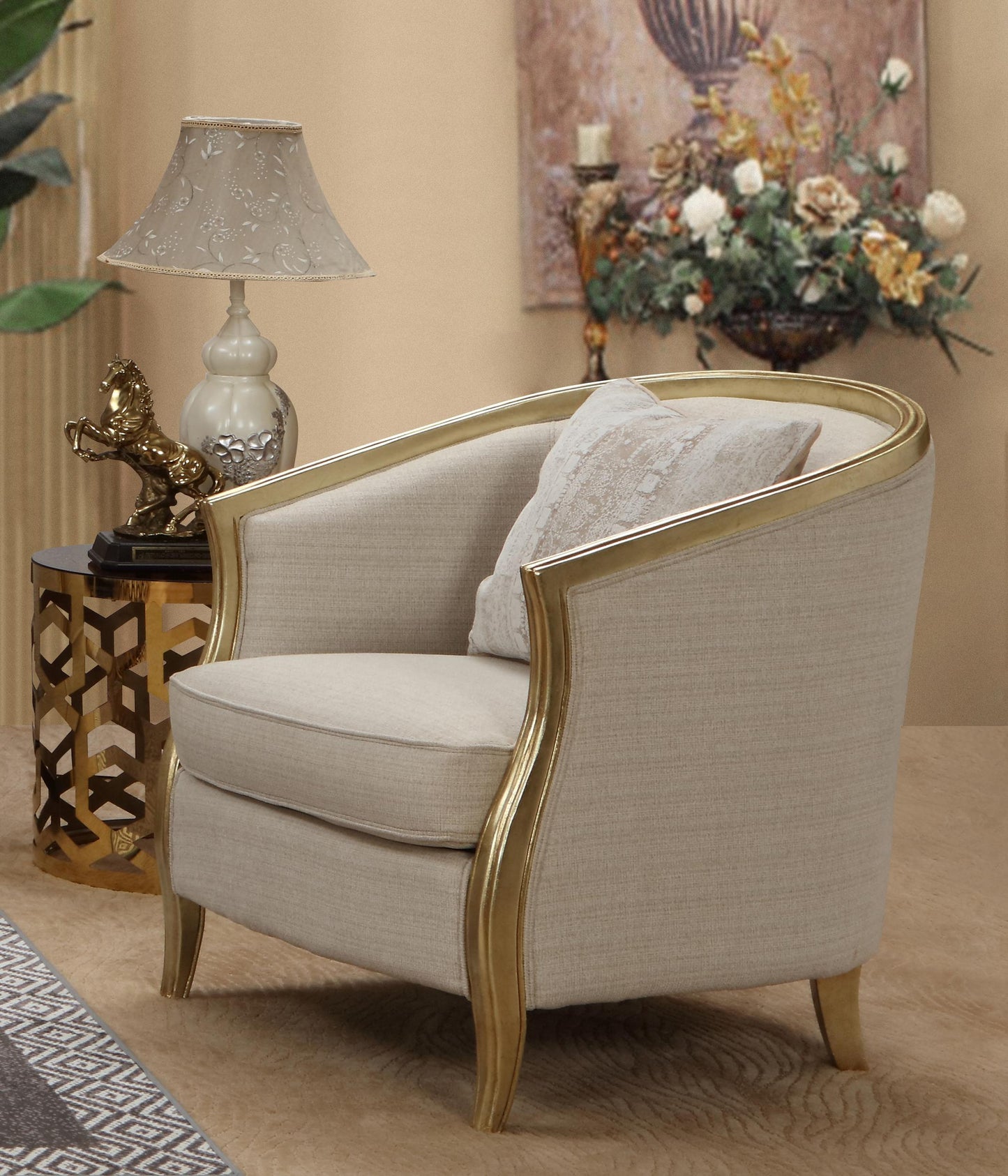 Cora Modern Style Beige Chair in Gold finish