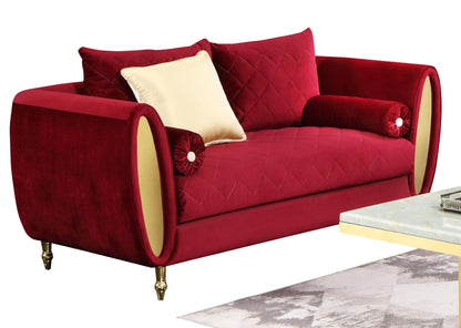 Ruby Modern Style Red Loveseat with Gold Finish