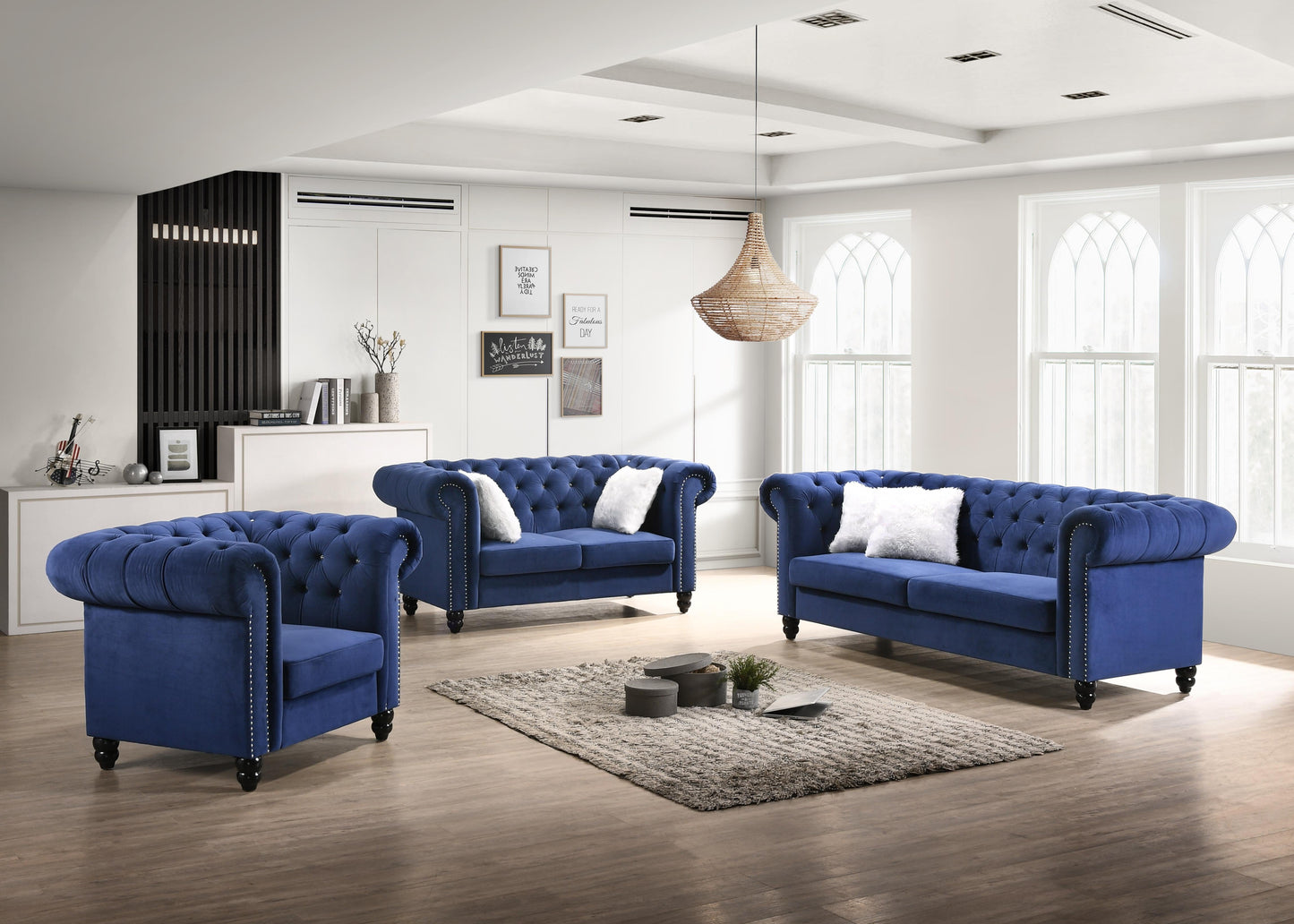 Maya Transitional Style Navy Sofa with Espresso Legs