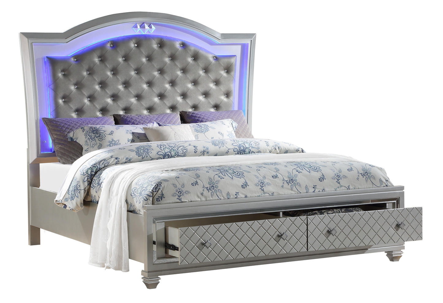 Shiney Contemporary Style King Bed in Silver finish Wood