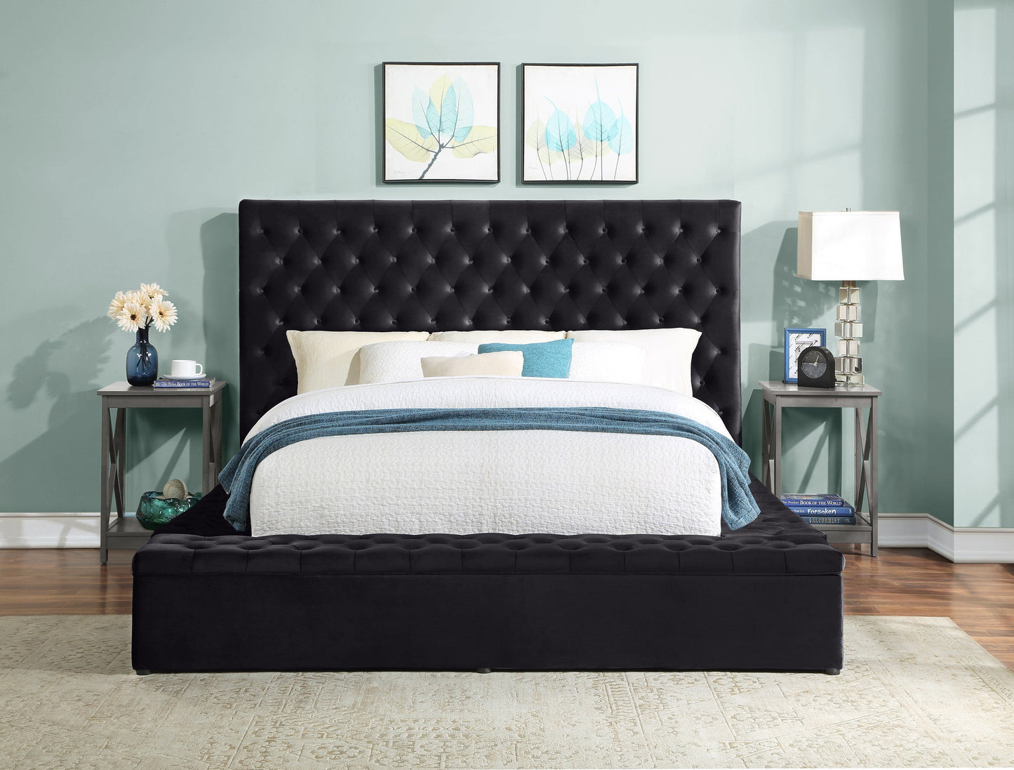 Prague Black Velvet Queen Upholstered Storage Platform Bed