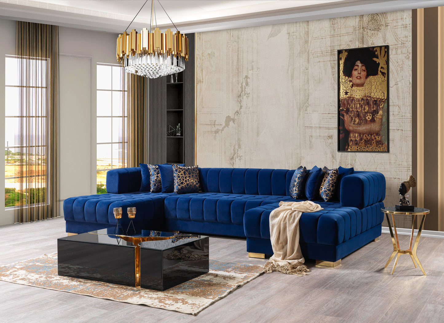 Ariana Blue Velvet Double Chaise Sectional - Mattress on Demand