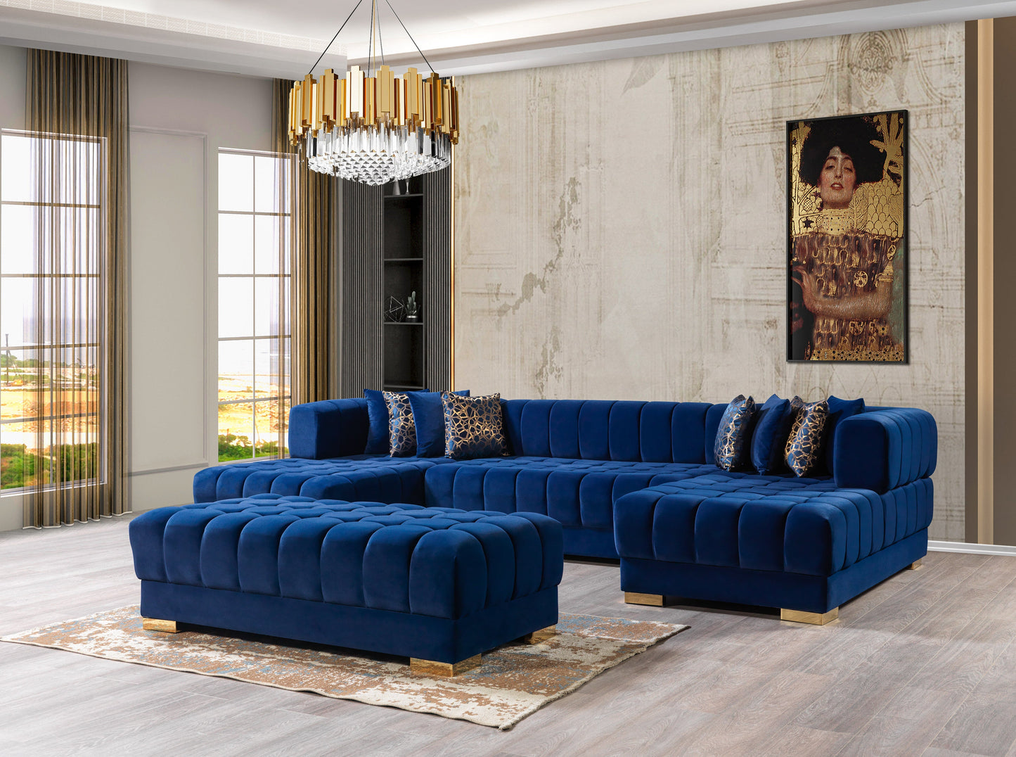 Ariana Blue Velvet Double Chaise Sectional - Mattress on Demand