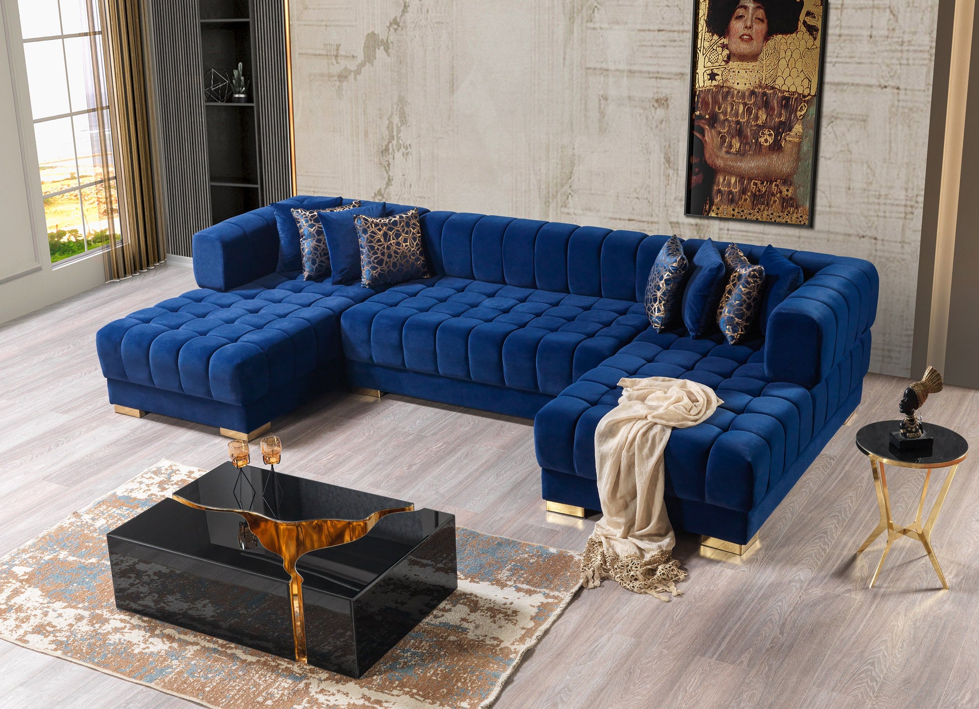 Ariana Blue Velvet Double Chaise Sectional - Mattress on Demand