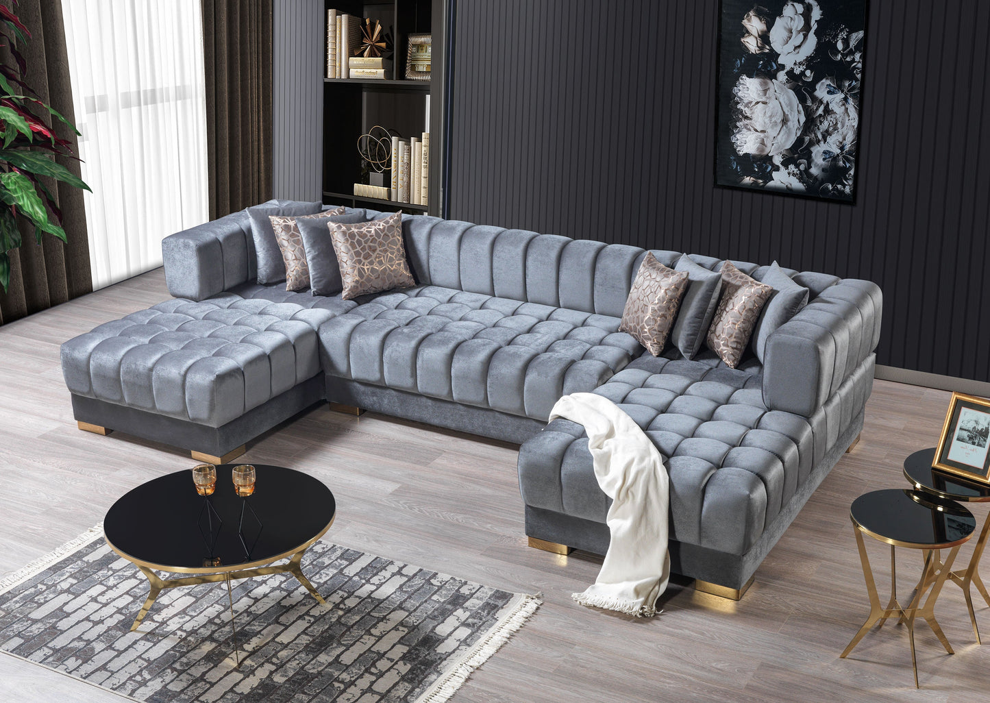 Ariana Gray Velvet Double Chaise Sectional - Mattress on Demand