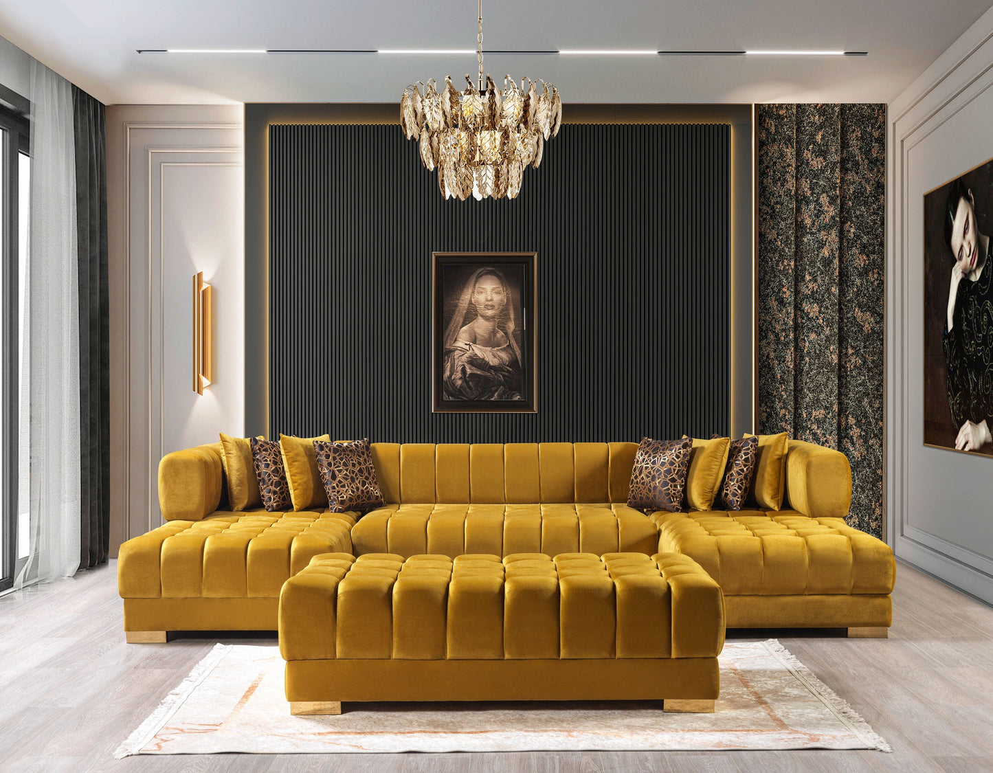 Ariana Mustard Velvet Double Chaise Sectional - Mattress on Demand