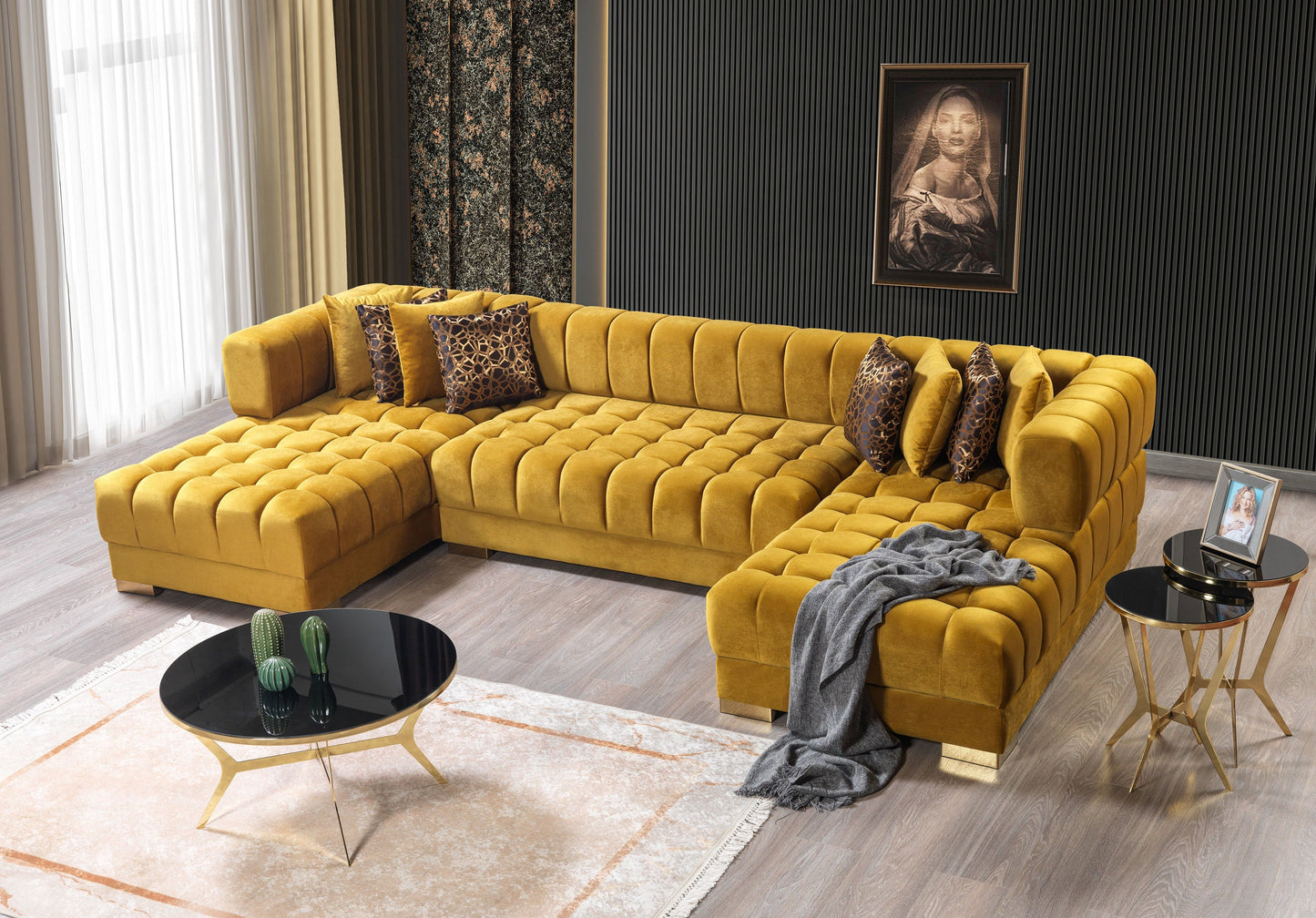 Ariana Mustard Velvet Double Chaise Sectional - Mattress on Demand