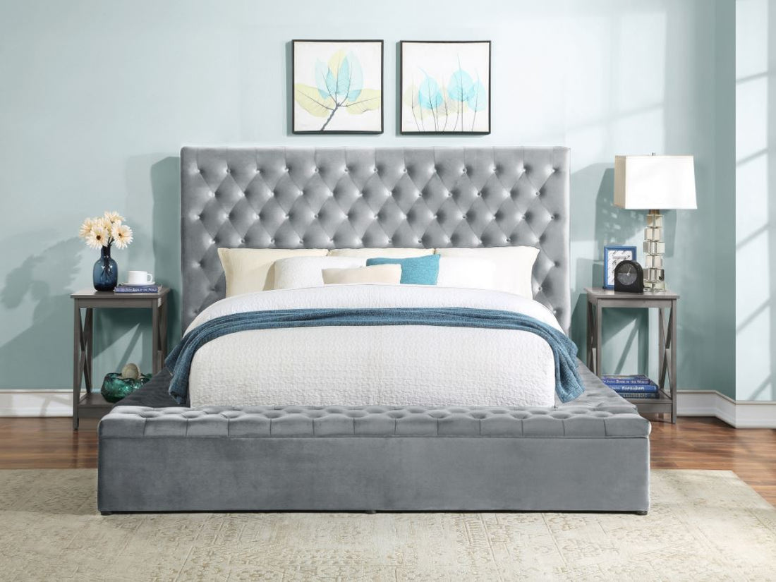 Prague Gray Velvet Queen Upholstered Storage Platform Bed