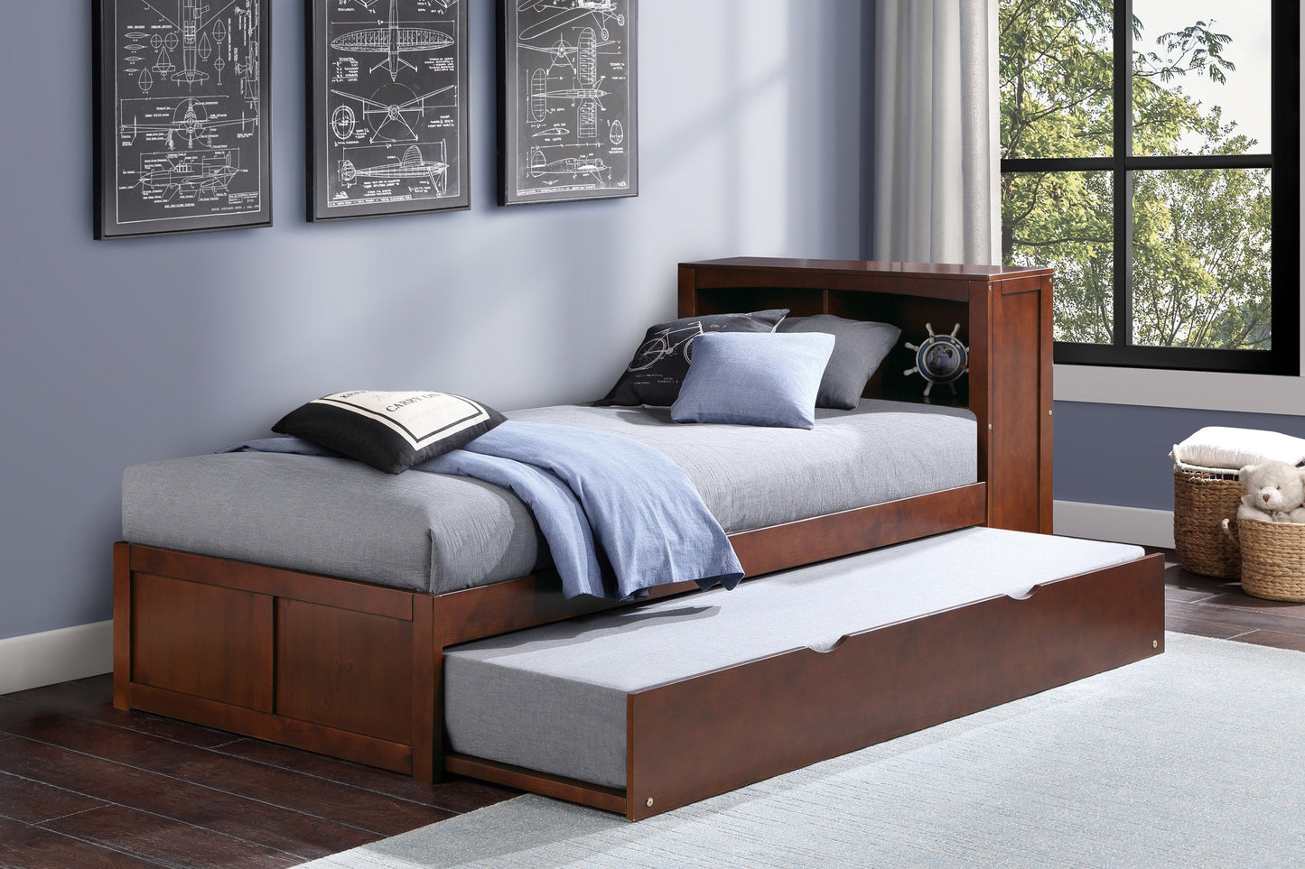 Rowe Dark Cherry Twin Bookcase Bed with Twin Trundle