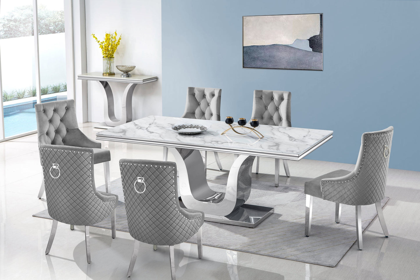 Ornate Gray Genuine Marble 7-Piece Dining Set