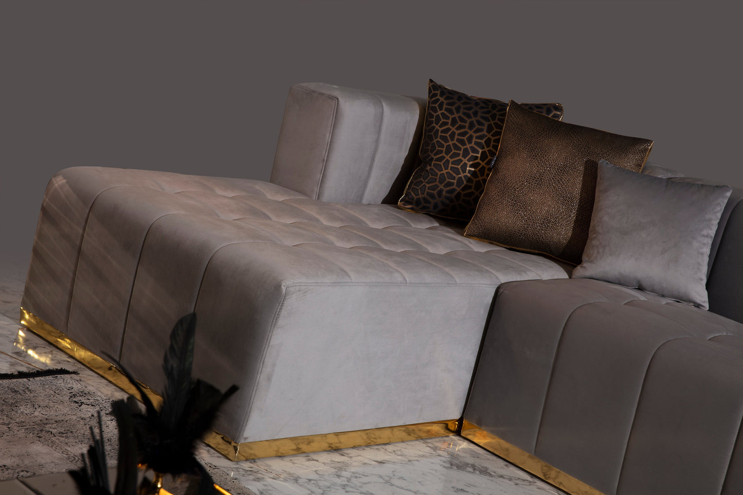 Elisha Gray Velvet Double Chaise Sectional - Mattress on Demand