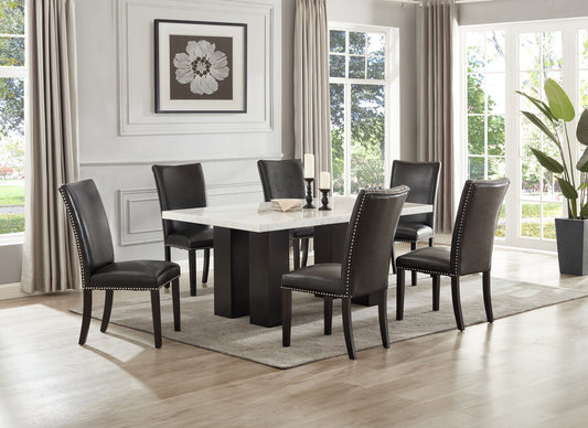 Finland Black PU 7-Piece Genuine Marble Dining Set