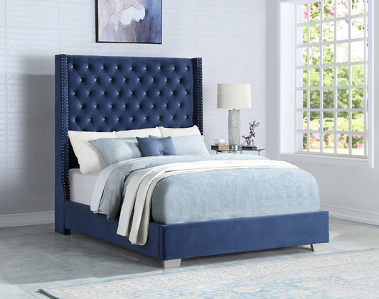 Diamond Tufted Velvet Blue 6 FT King Bed