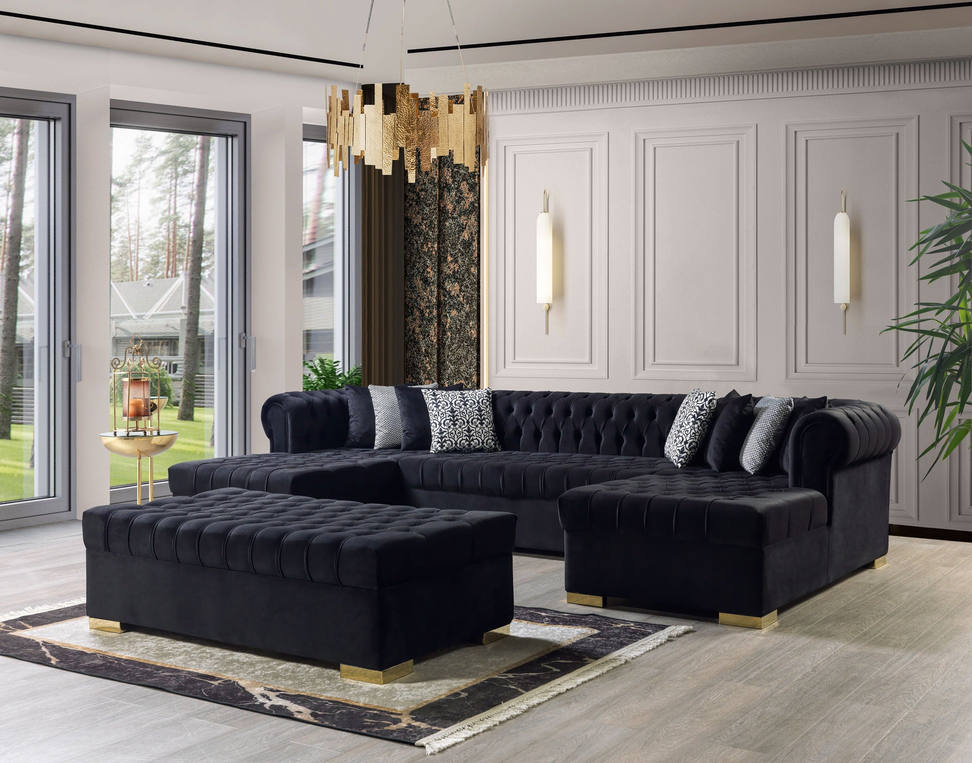 Lauren Black Velvet Double Chaise Sectional - Mattress on Demand